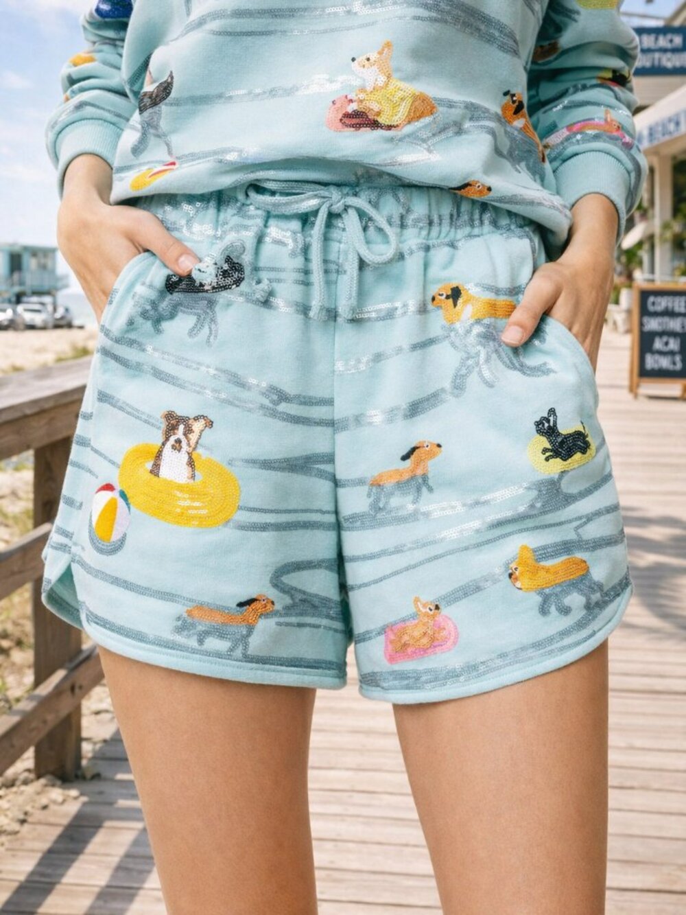 NWT Queen of Sparkles Blue Dogs Swimming on Floats Shorts